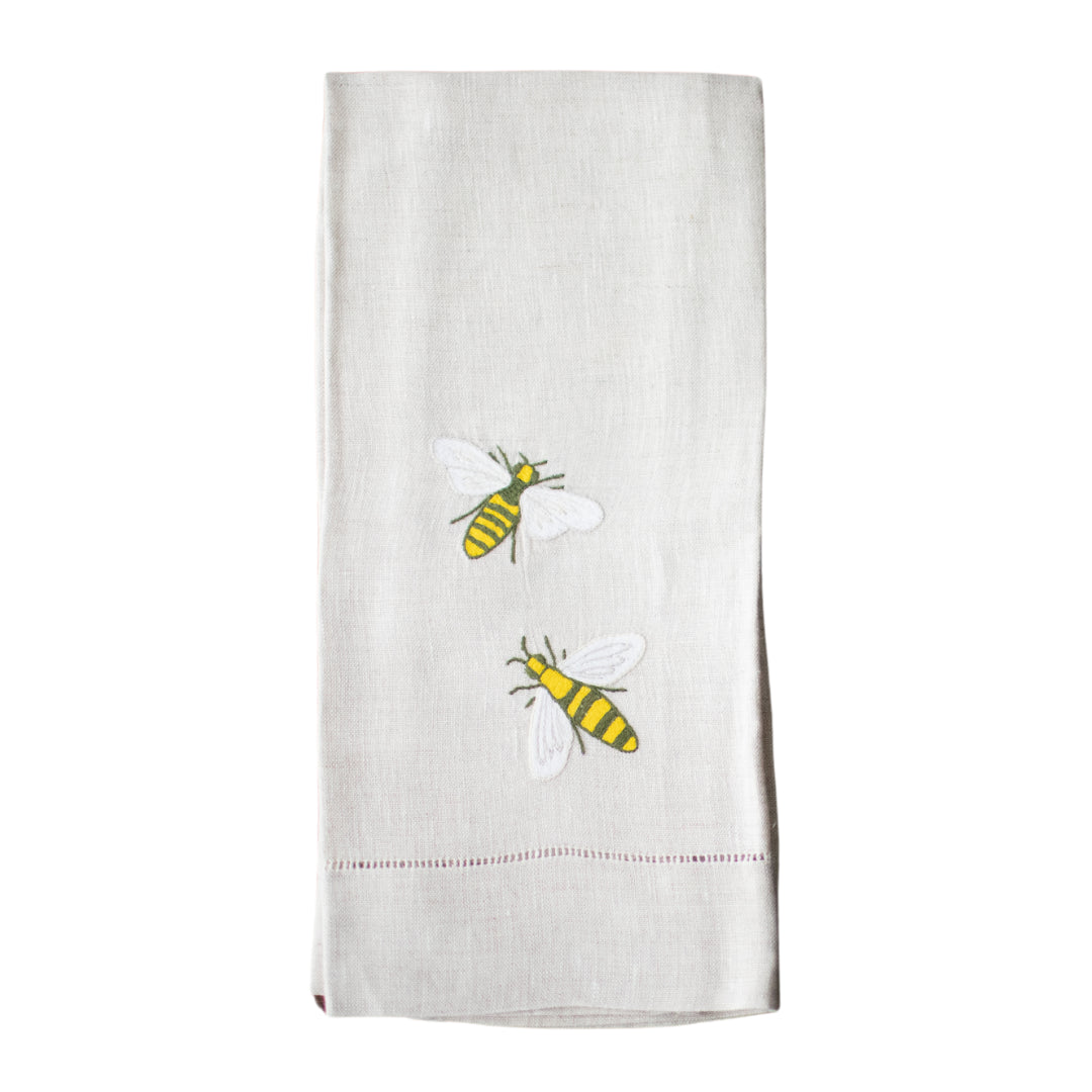 Handwoven Bee Embroidery Linen Print Tea Towel