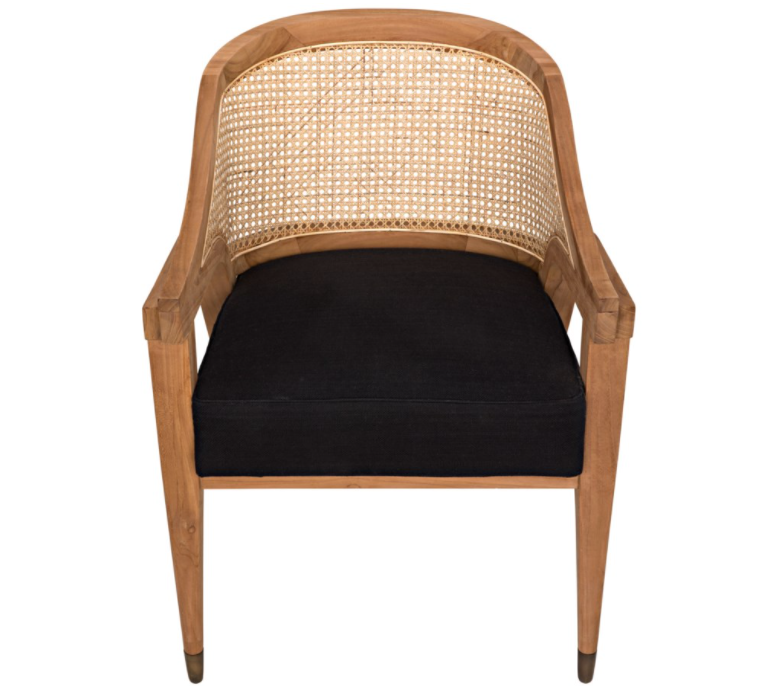 Chloe Chair, Teak, Caning, and Black Cotton