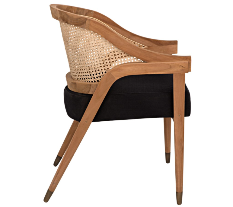 Chloe Chair, Teak, Caning, and Black Cotton