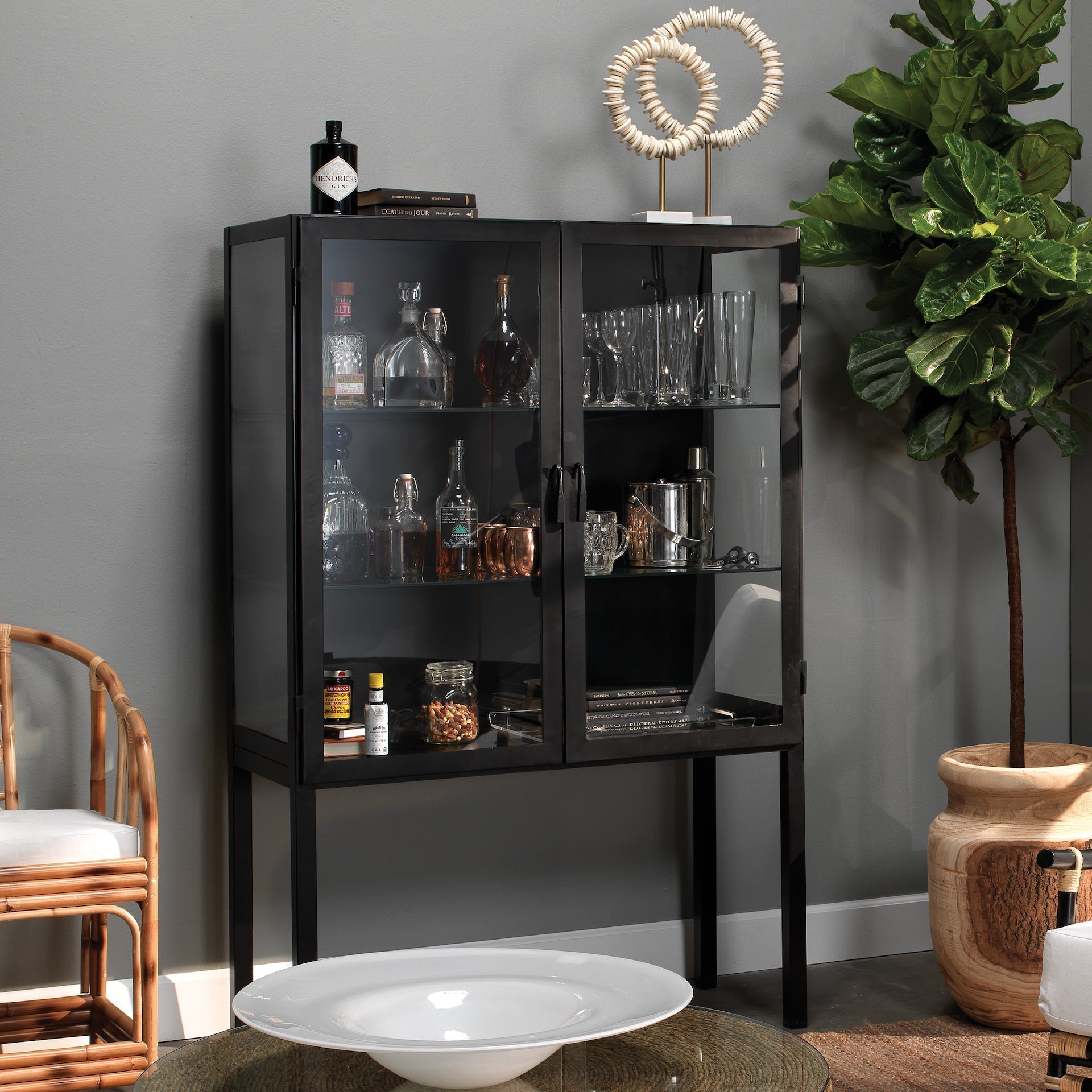 Chauncey Wide Curio Bar Cabinet-Black