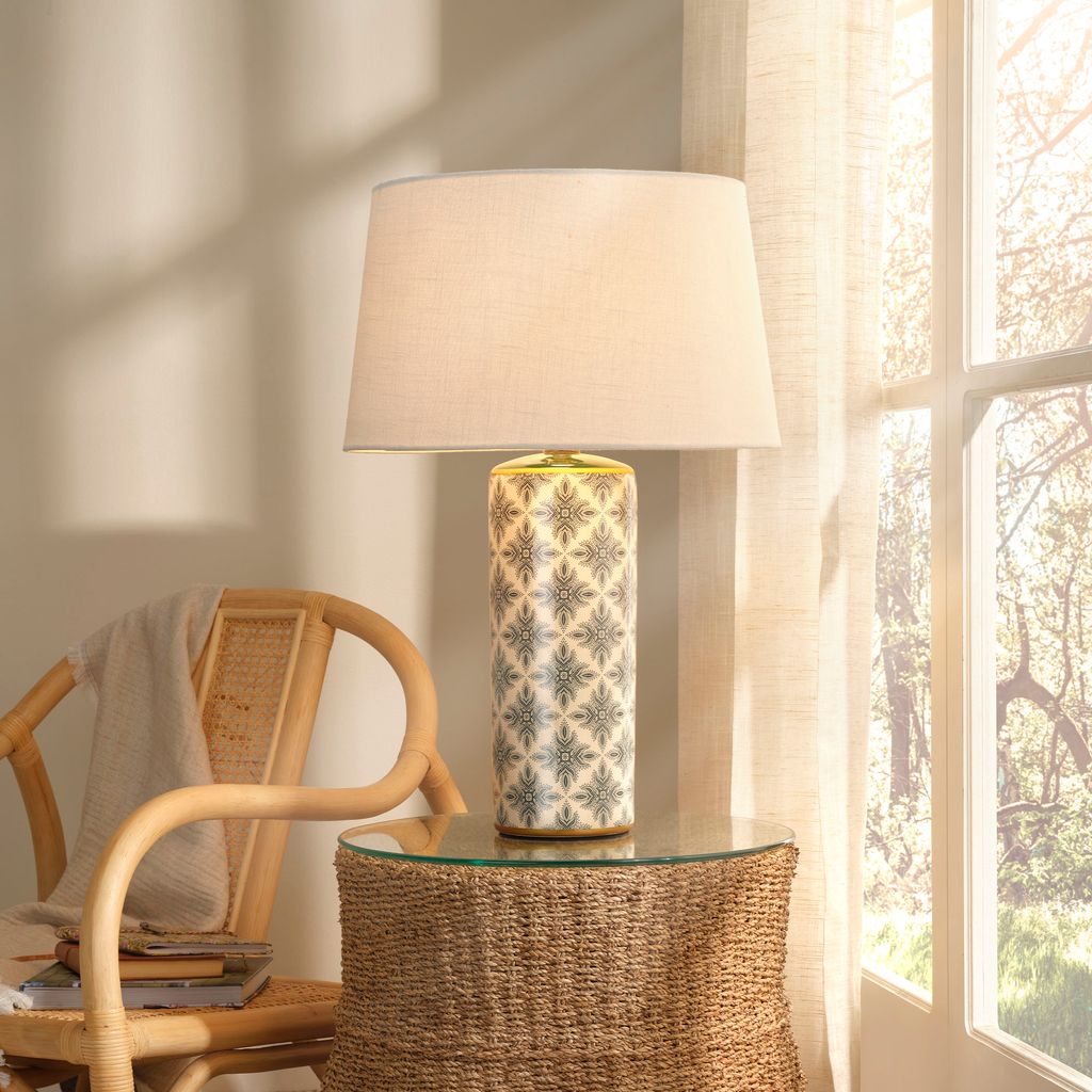 Harlequin Table Lamp in Cream and Green Patterned Ceramic