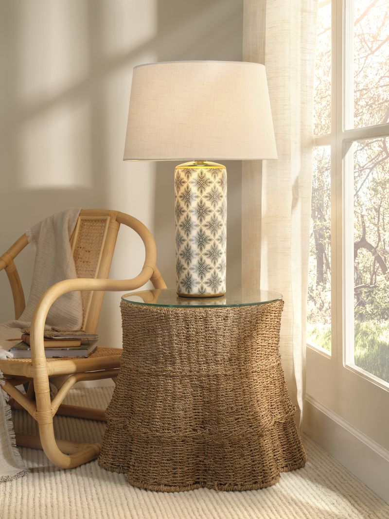 Harlequin Table Lamp in Cream and Green Patterned Ceramic