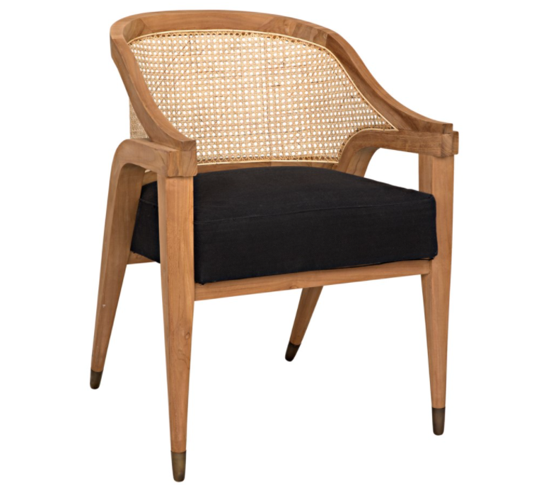 Chloe Chair, Teak, Caning, and Black Cotton