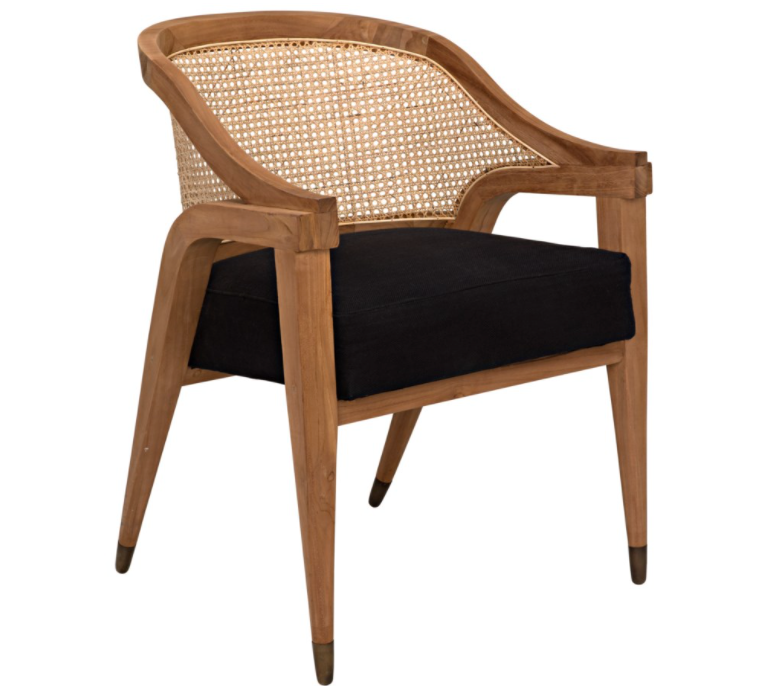 Chloe Chair, Teak, Caning, and Black Cotton